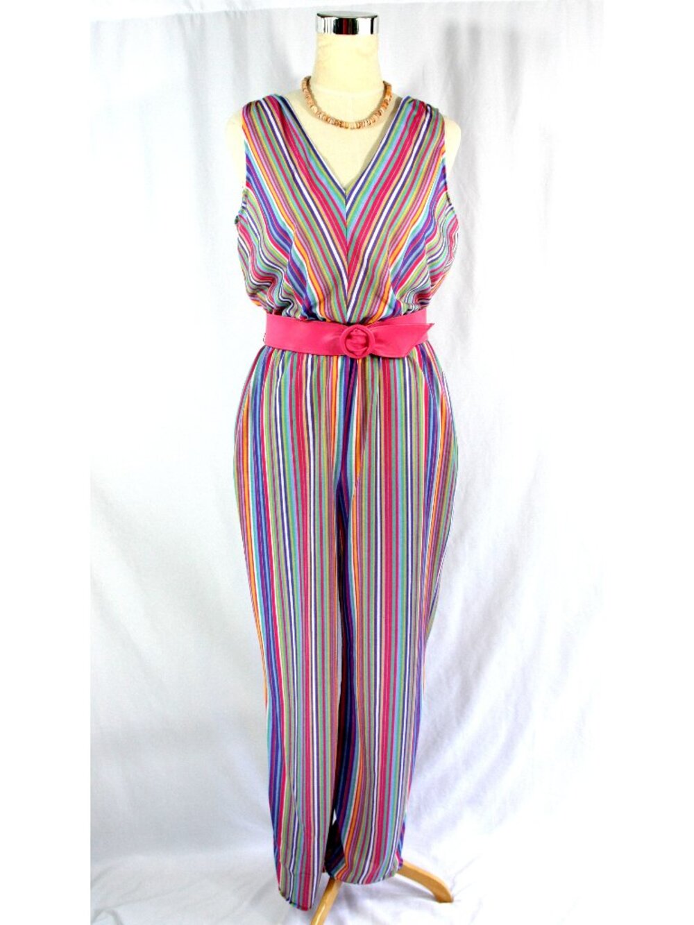 Vintage Avon Striped Belted Sleeveless One Piece Jumpsuit Romper Pants M 1980s